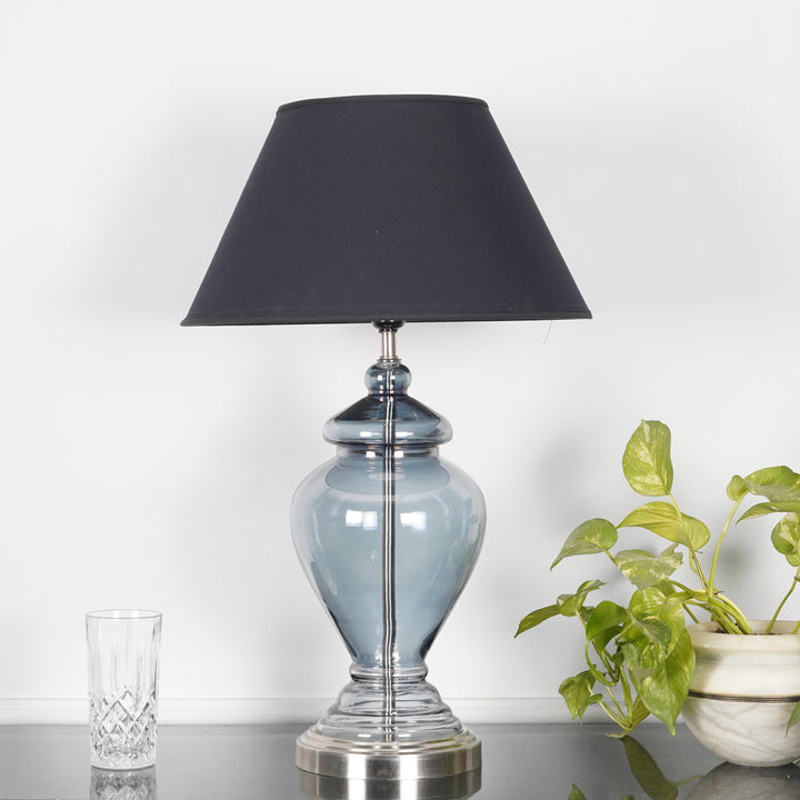 SYRACUSE Blue Glass Table Lamp With White Beige Cotton Shade