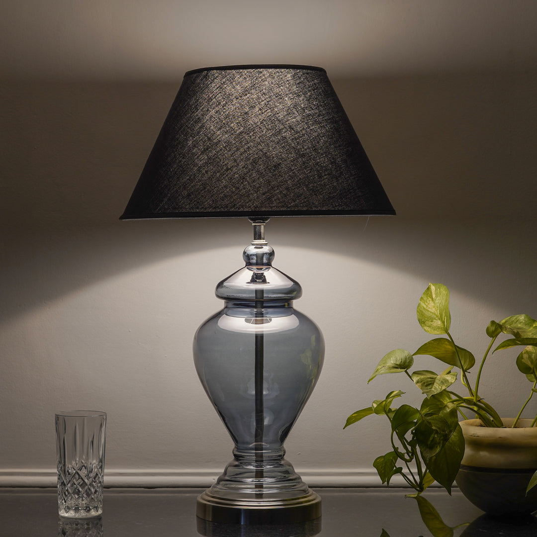 SYRACUSE Blue Glass Table Lamp With White Beige Cotton Shade