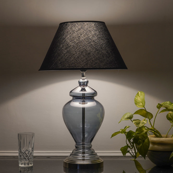 SYRACUSE Blue Glass Table Lamp With White Beige Cotton Shade