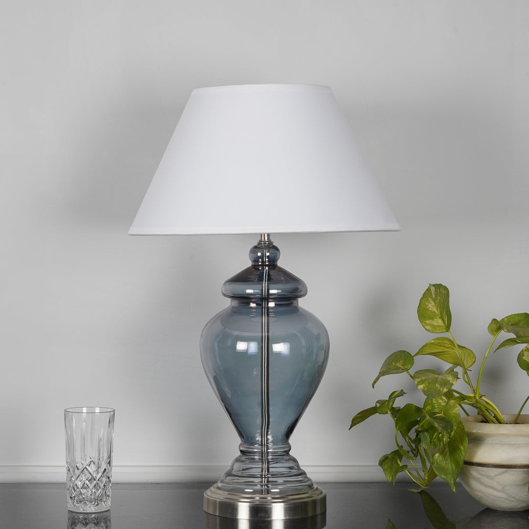 SYRACUSE Blue Glass Table Lamp With White Beige Cotton Shade