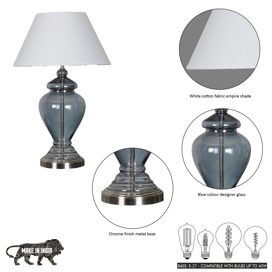 SYRACUSE Blue Glass Table Lamp With White Beige Cotton Shade