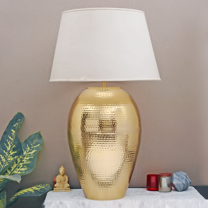 RICKFORD Hammered Pattern Huge Size Brass Table Lamp With Cotton Shade