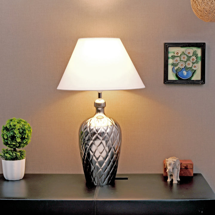 MARGAUX Premium Pattern Nickel Finish Metal Table Lamp with White Cotton Fabric Shade | Modern Bedside Lamp for Bedroom, Living Room, Study & Home Decor