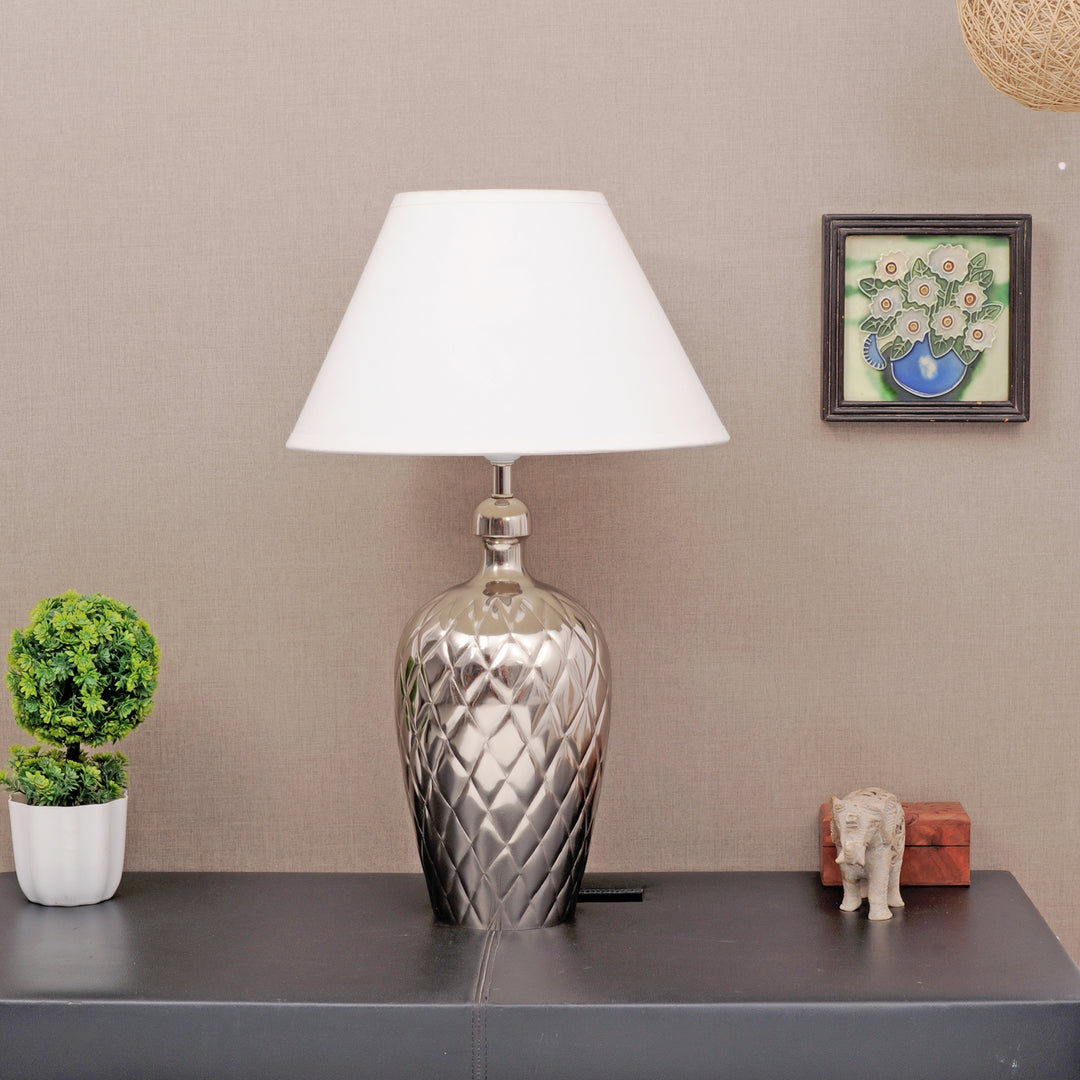 MARGAUX Premium Pattern Nickel Finish Metal Table Lamp with White Cotton Fabric Shade | Modern Bedside Lamp for Bedroom, Living Room, Study & Home Decor