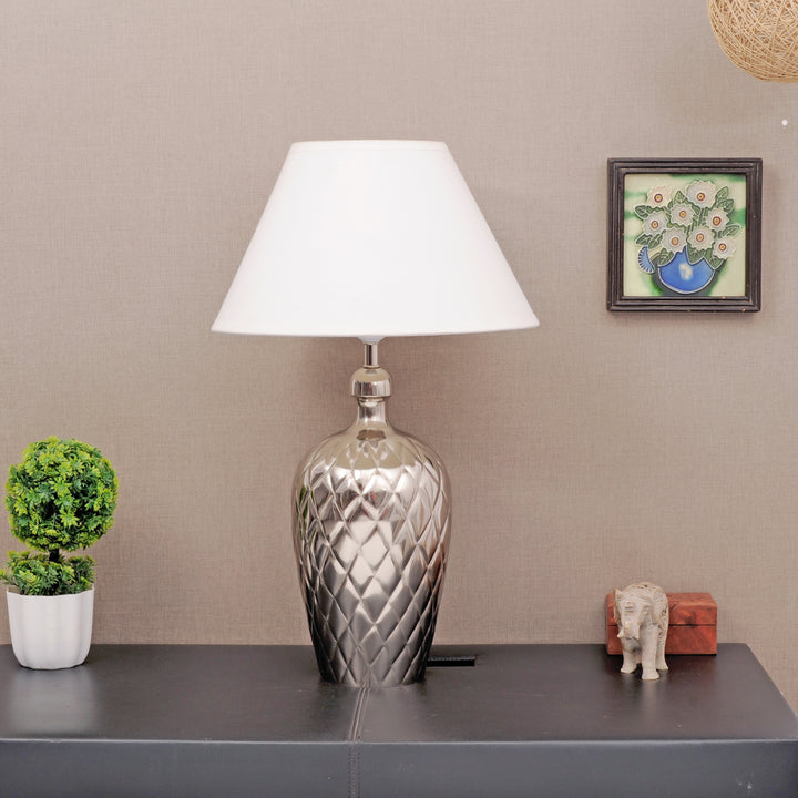 MARGAUX Premium Pattern Nickel Finish Metal Table Lamp with White Cotton Fabric Shade | Modern Bedside Lamp for Bedroom, Living Room, Study & Home Decor