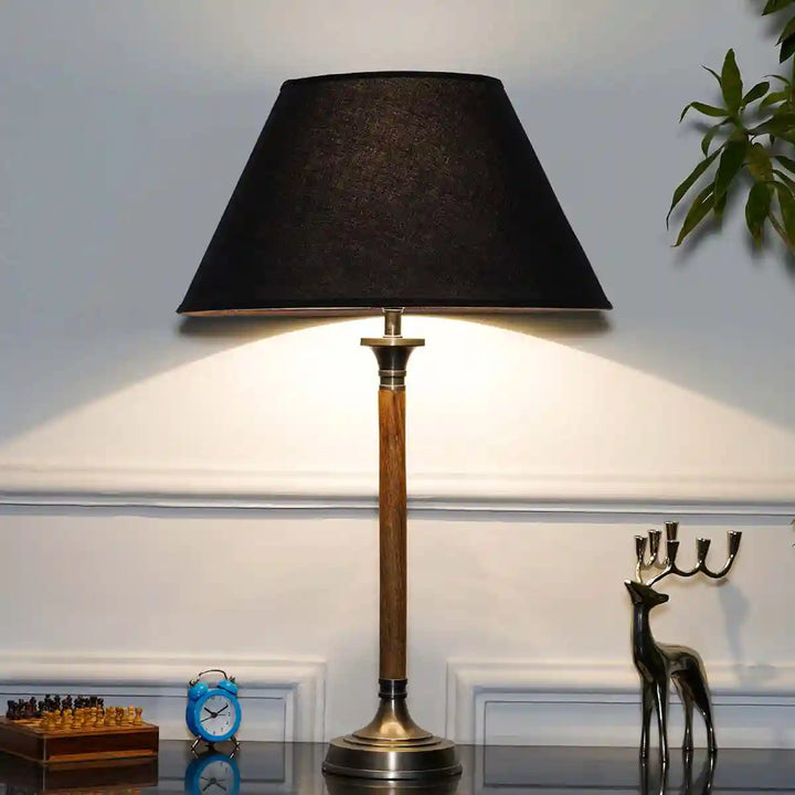 Waldorf Wood & Metal Table Lamp With Cotton Black Shade