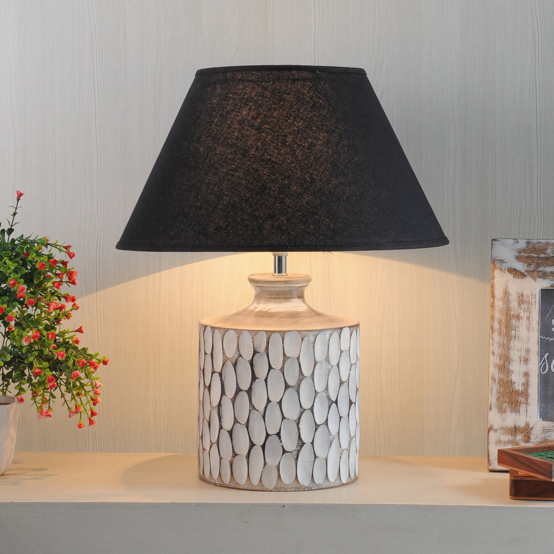 Garlen natural carved wood table lamp With White Cotton Shade