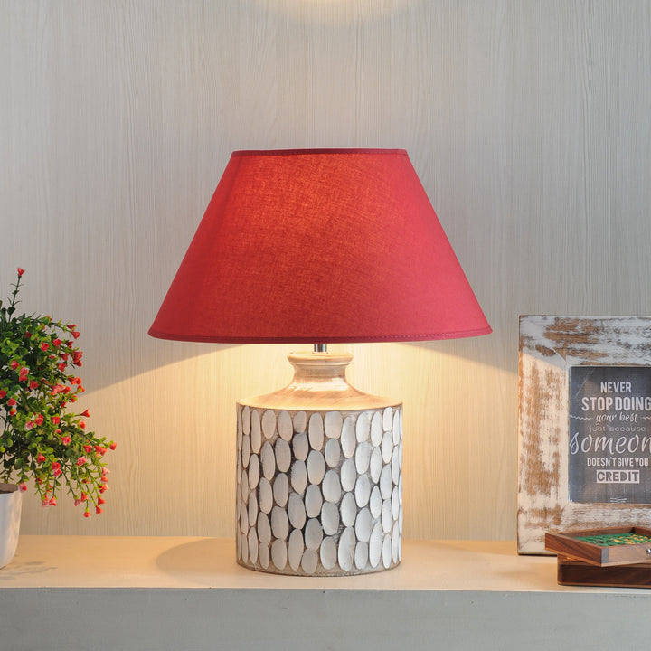 Garlen natural carved wood table lamp With White Cotton Shade