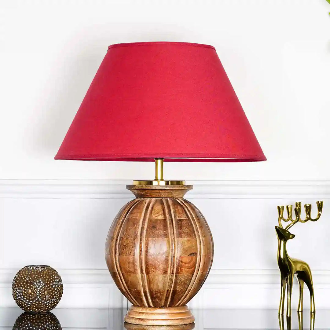 Astros natural carved wood table lamp With Maroon Cotton Shade