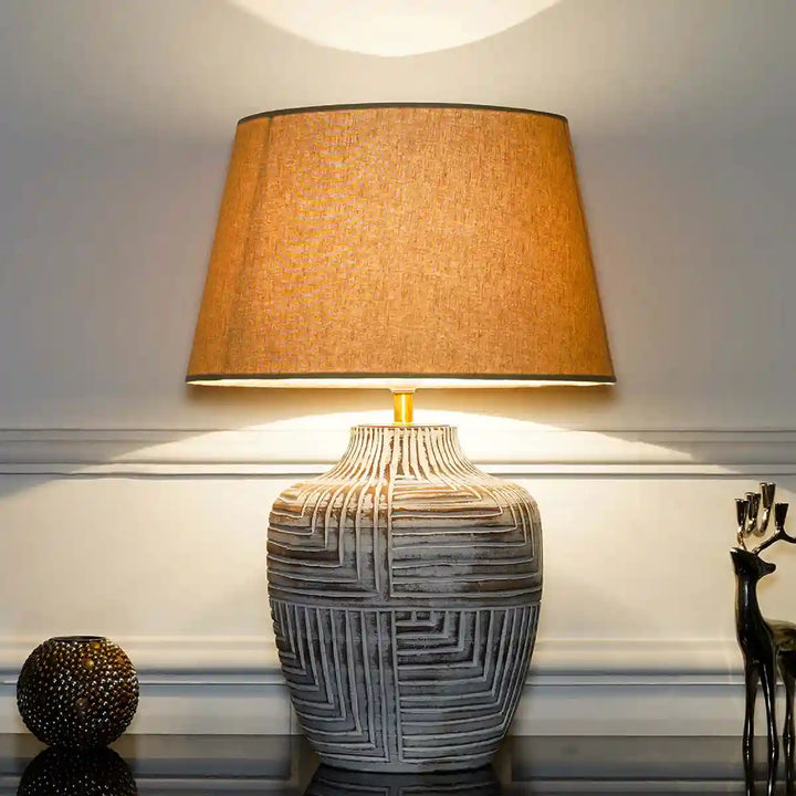 Cumberland natural carved wood table lamp With Beige Cotton Shade