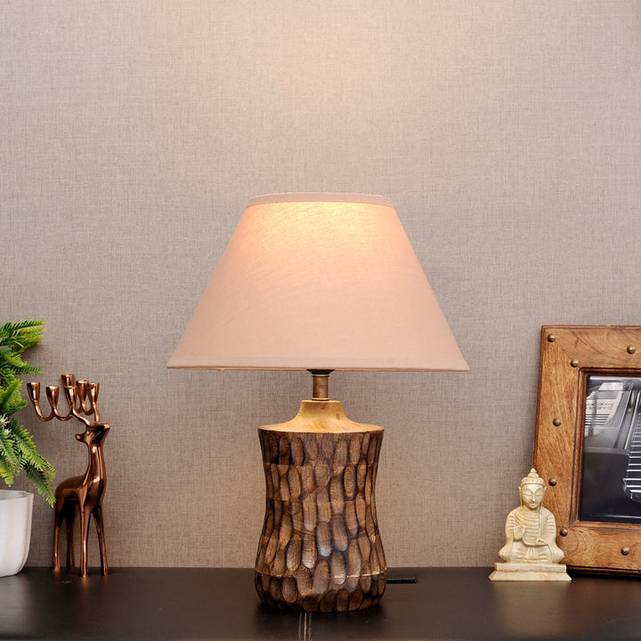 Emmett natural carved wood table lamp With Cotton Shade