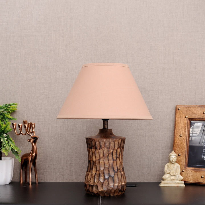 Emmett natural carved wood table lamp With Cotton Shade