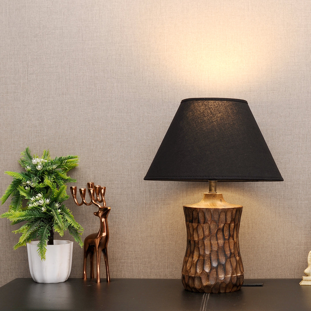 Emmett natural carved wood table lamp With Cotton Shade