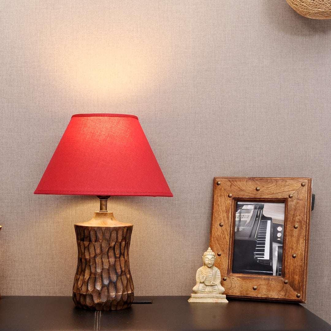 Emmett natural carved wood table lamp With Cotton Shade