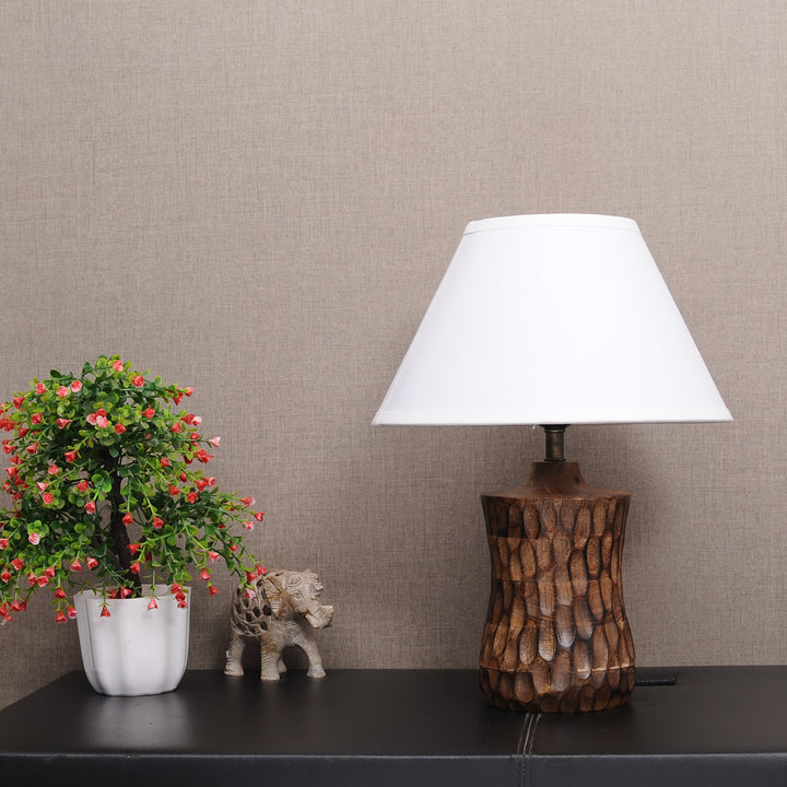 Emmett natural carved wood table lamp With Cotton Shade