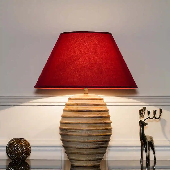 Paola natural carved wood table lamp With Maroon Cotton Shade