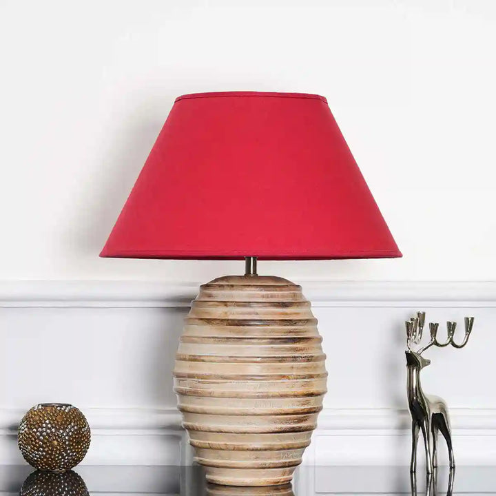 Paola natural carved wood table lamp With Maroon Cotton Shade