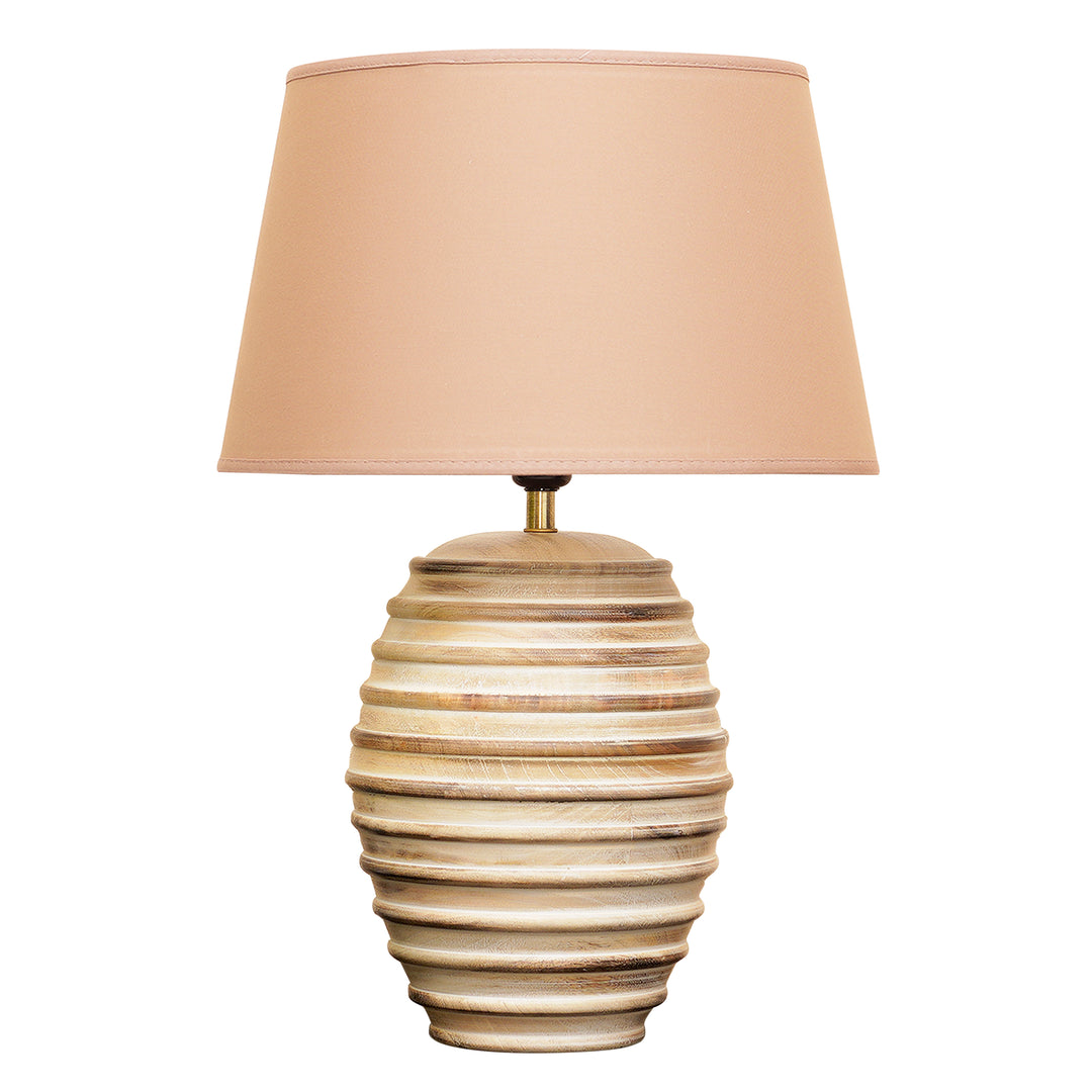 PAOLA natural carved wood table lamp With Beige Cotton Shade