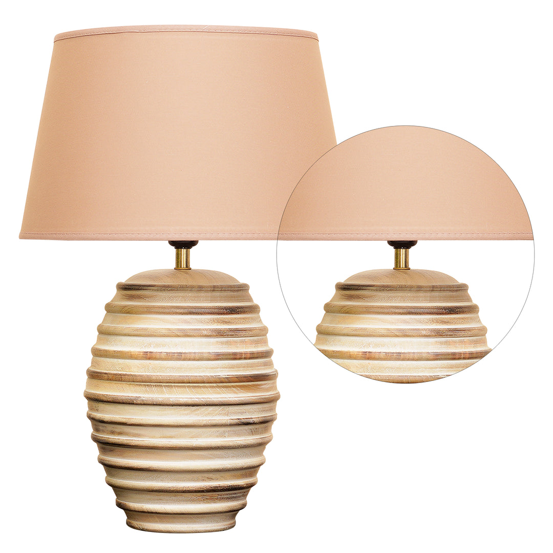 PAOLA natural carved wood table lamp With Beige Cotton Shade