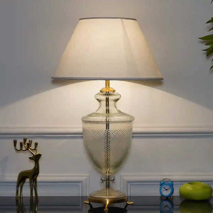 Moffat Chrome And Clear Glass Table Lamp With Beige Cotton Shade