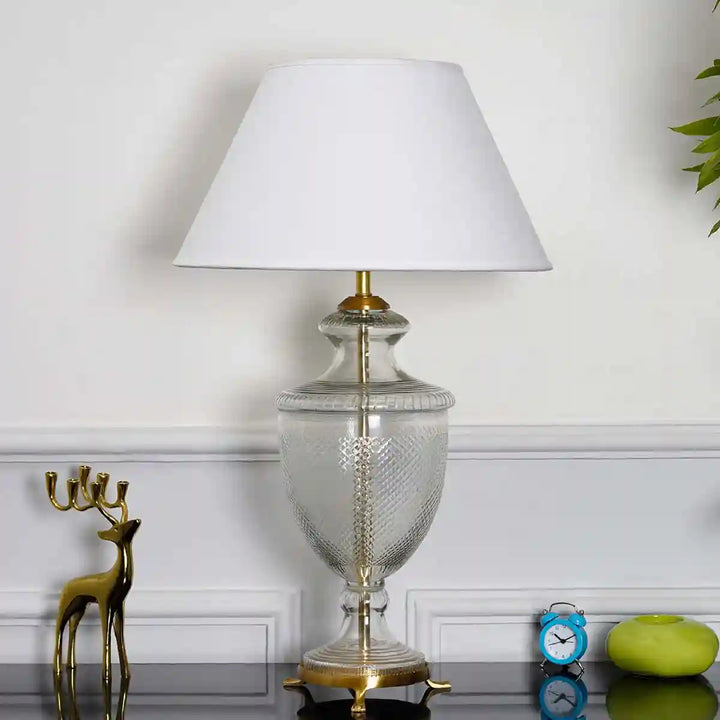 Moffat Chrome And Clear Glass Table Lamp With Beige Cotton Shade