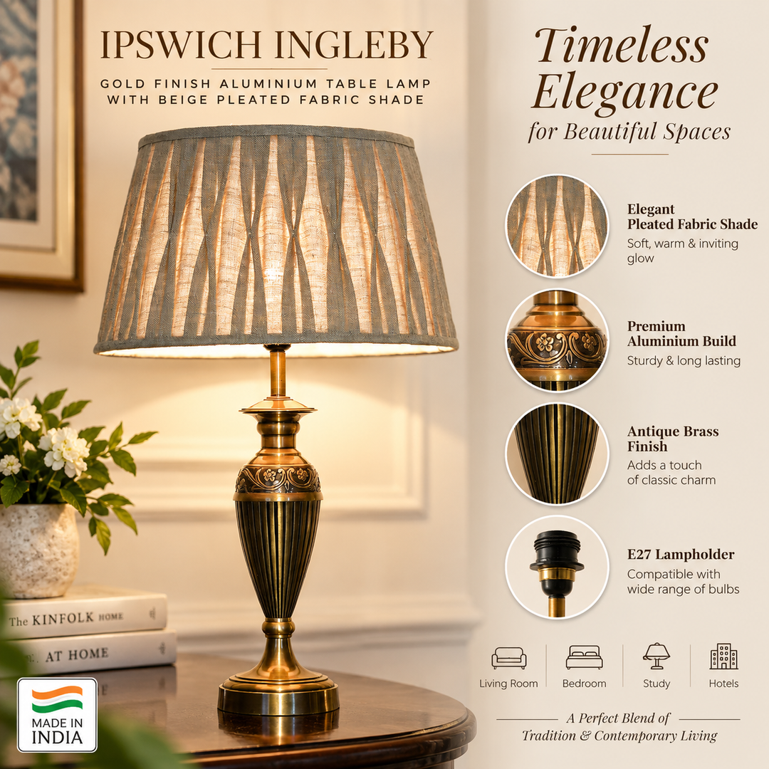 IPSWICH INGLEBY Gold Finish Aluminium Table Lamp with Beige Pleated Fabric Shade | Modern Bedside Lamp for Bedroom, Living Room, Study & Home Decor