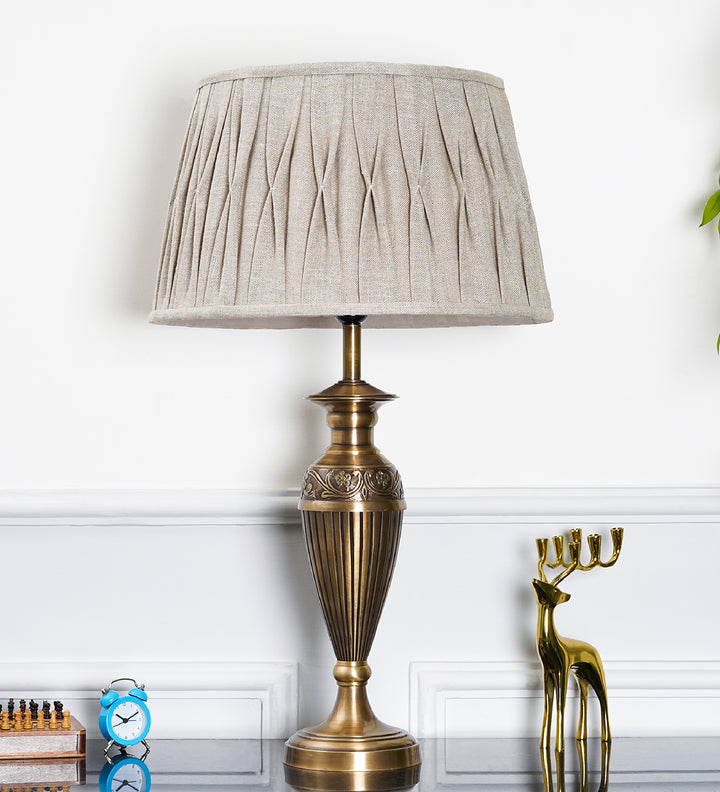 IPSWICH INGLEBY Gold Finish Aluminium Table Lamp with Beige Pleated Fabric Shade | Modern Bedside Lamp for Bedroom, Living Room, Study & Home Decor