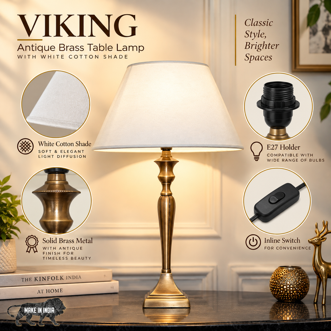 VIKING Antique Brass Table Lamp With White Cotton Shade