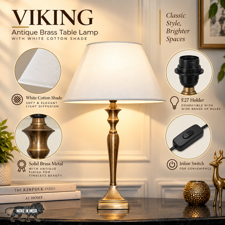 VIKING Antique Brass Table Lamp With White Cotton Shade
