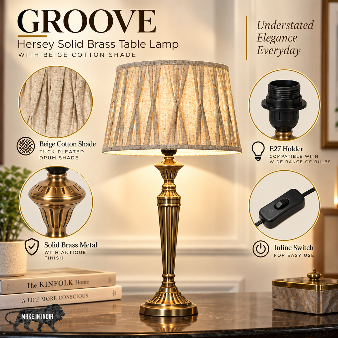 GROOVE Hersey Solid Brass Table Lamp with Beige Cotton Shade