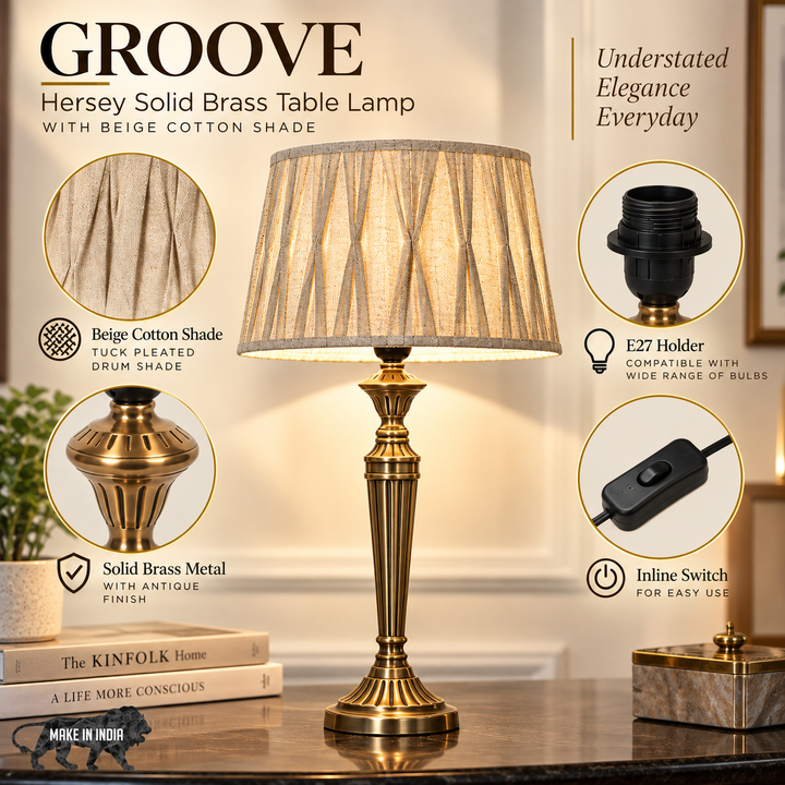 GROOVE Hersey Solid Brass Table Lamp with Beige Cotton Shade