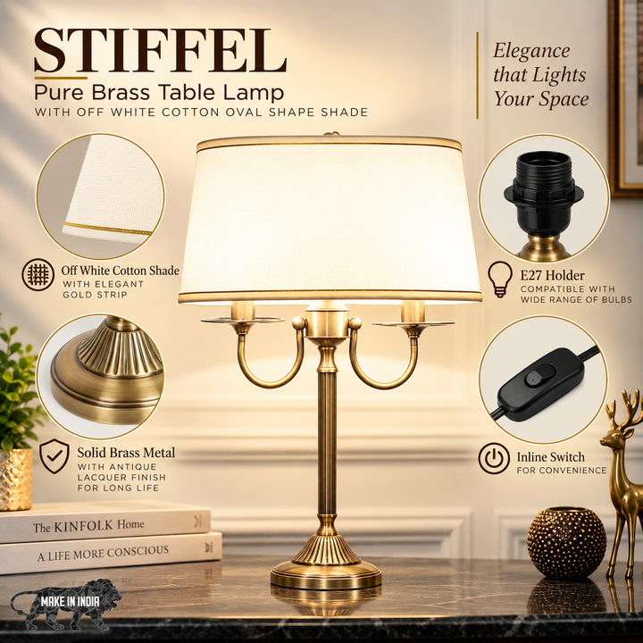 STIFFEL Solid Brass Table Lamp With Off White Cotton Shade