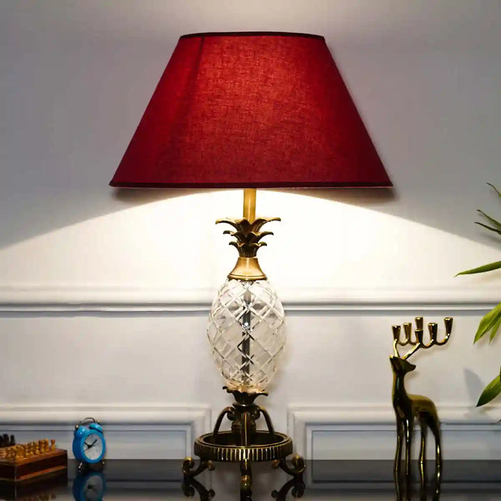 Loewe Brass and Glass Table Lamp With Maroon Cotton Shade