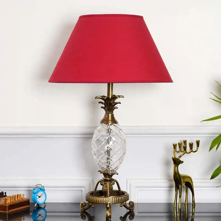 Loewe Brass and Glass Table Lamp With Maroon Cotton Shade