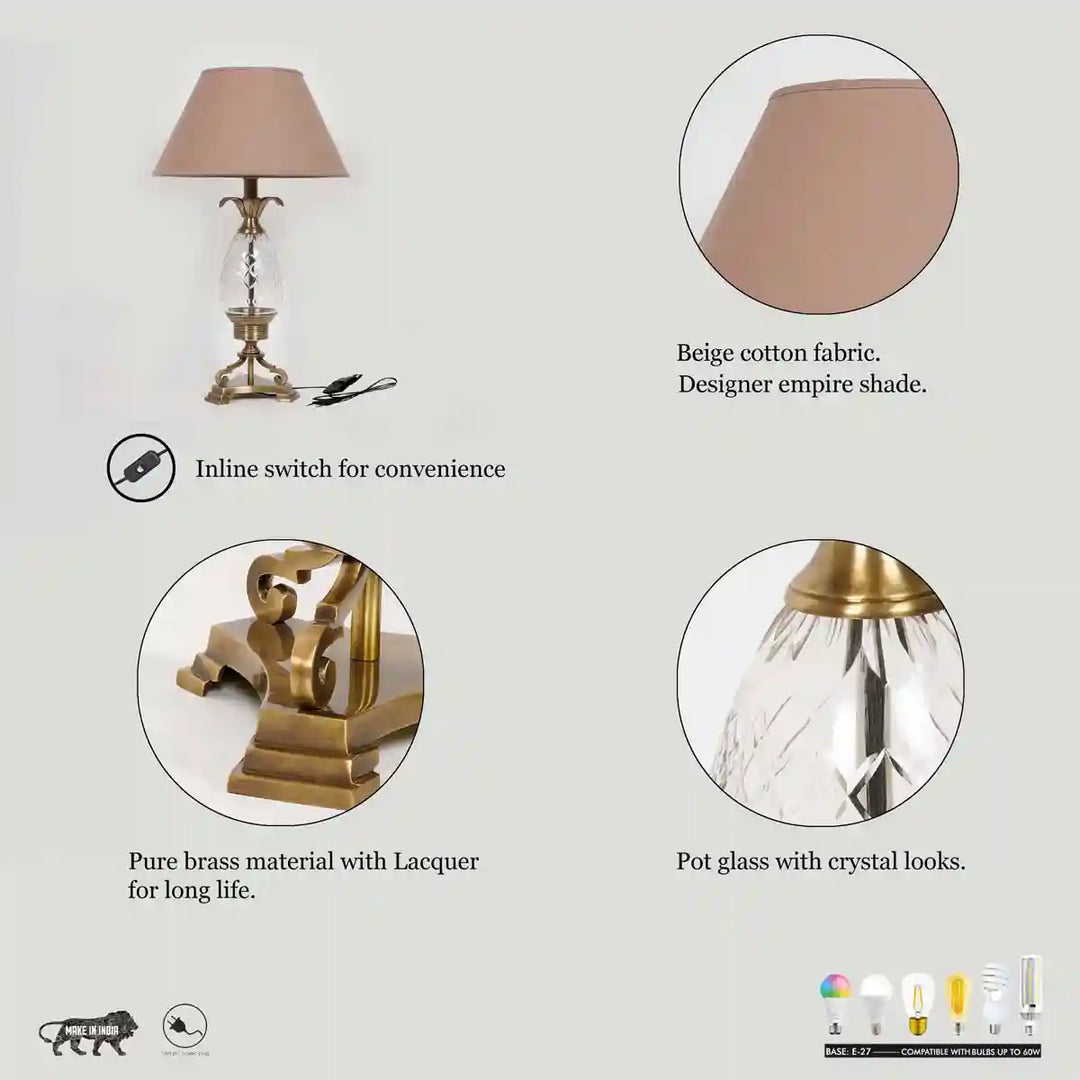 Louise Brass and Glass Table Lamp With Beige Cotton Shade