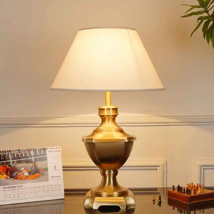 Orris Brass Table Lamp With Beige Cotton Shade