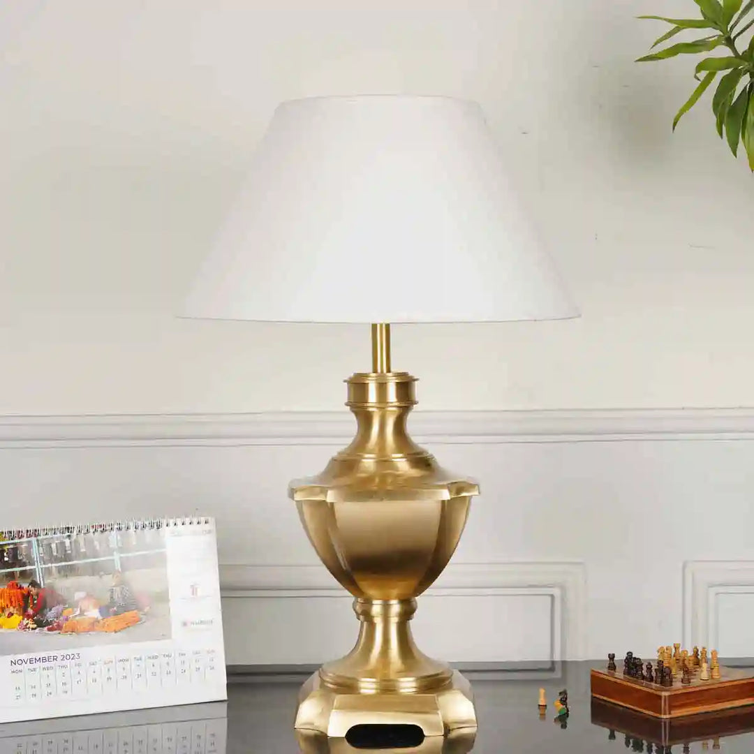 Pyramid Brass Table Lamp With White Cotton Shade