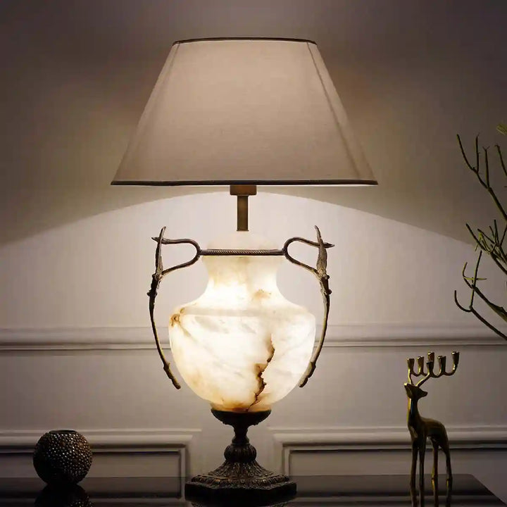 Provence Real Alabaster Stone And Brass Table Lamp With White Cotton Shade