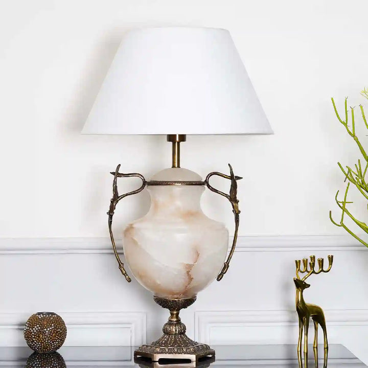 Provence Real Alabaster Stone And Brass Table Lamp With White Cotton Shade