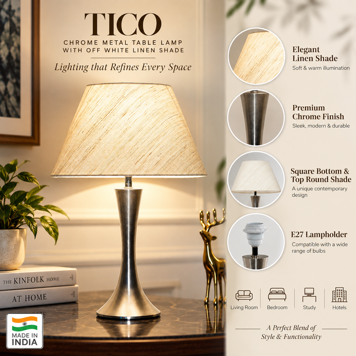TICO Chrome Metal Table Lamp With Off White Linen Shade