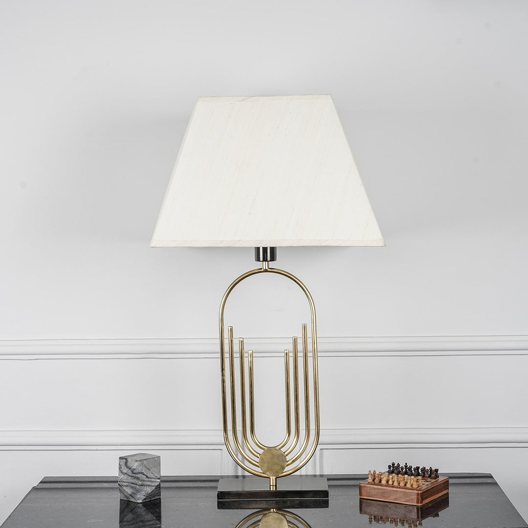 Saturn Single Light Table Lamp In Shine Brass & Black Finish With Off-White Shade