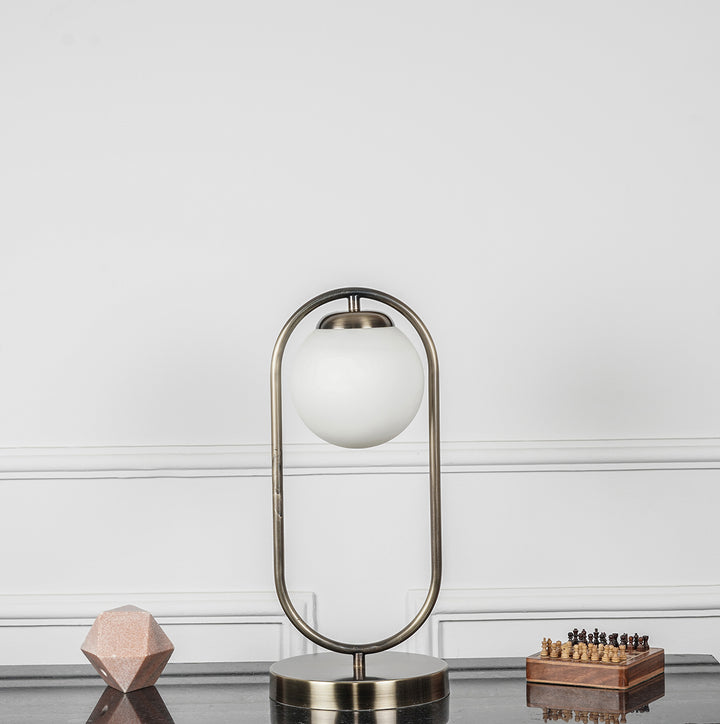 Sphere Single Light Table Lamp In Antique Brass Finish With Frosted White Glass Shade