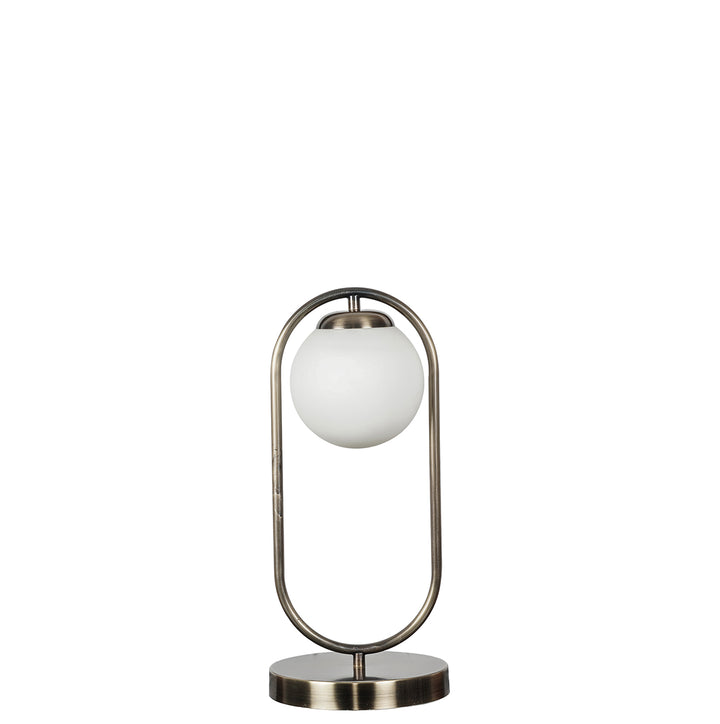 Sphere Single Light Table Lamp In Antique Brass Finish With Frosted White Glass Shade