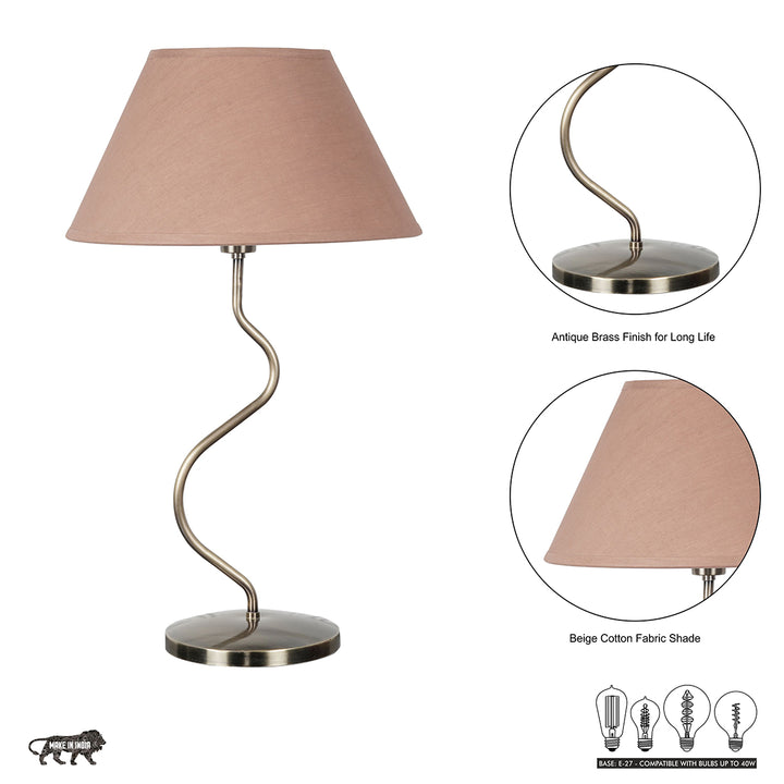 Lysandra Zigzag Table Lamp In Antique Brass Finish With Beige Cotton Shade