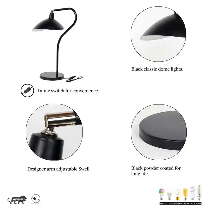 Volta Black Finish Metal Study Table Lamp