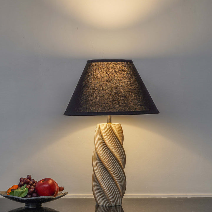 BURFORD  Distress White Finish  Wood Table Lamp With Beige Cotton Shade