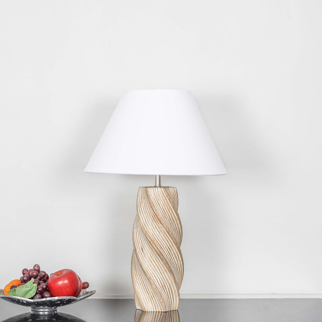 BURFORD  Distress White Finish  Wood Table Lamp With Beige Cotton Shade