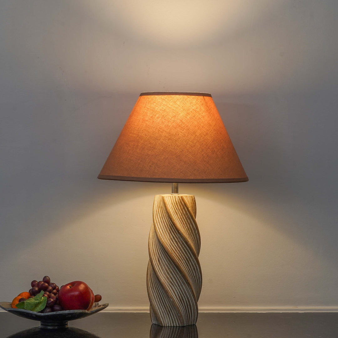 BURFORD  Distress White Finish  Wood Table Lamp With Beige Cotton Shade