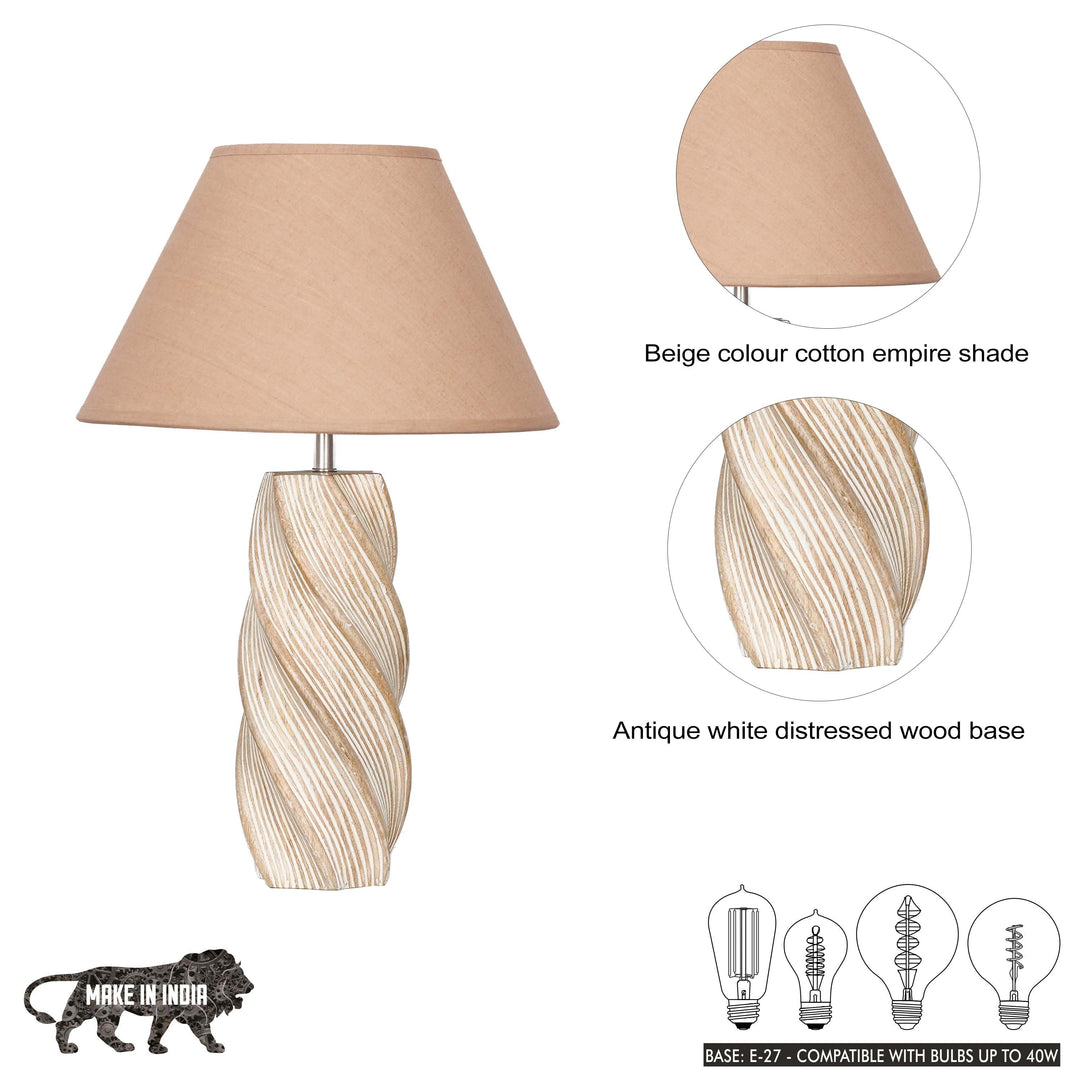 BURFORD  Distress White Finish  Wood Table Lamp With Beige Cotton Shade