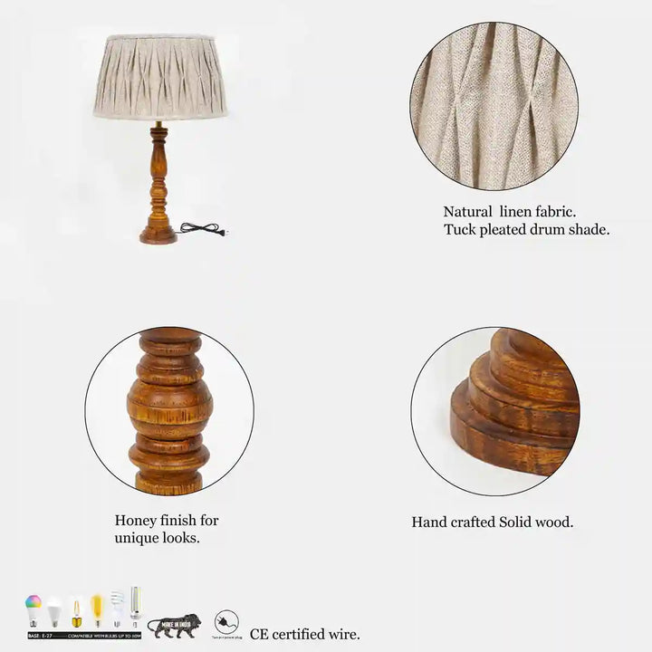 HATTON hand crafted Solid wood honey finish table lamp With Natural Cotton